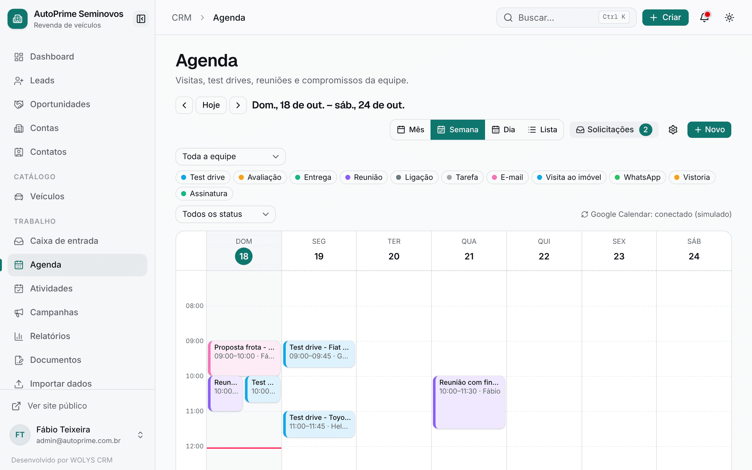 Tela de agenda do sistema